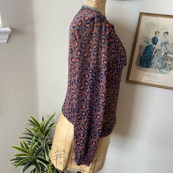 Blue Rain Francescas Orange Blue Brown Leopard Print Sheer Blouse sz S Career - Picture 7 of 9